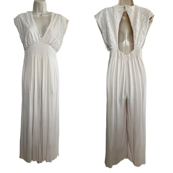 Mahina ~ Ivory Jumpsuit~lightweight gauze like fabric~broidered bodice ~ size M - Picture 1 of 14